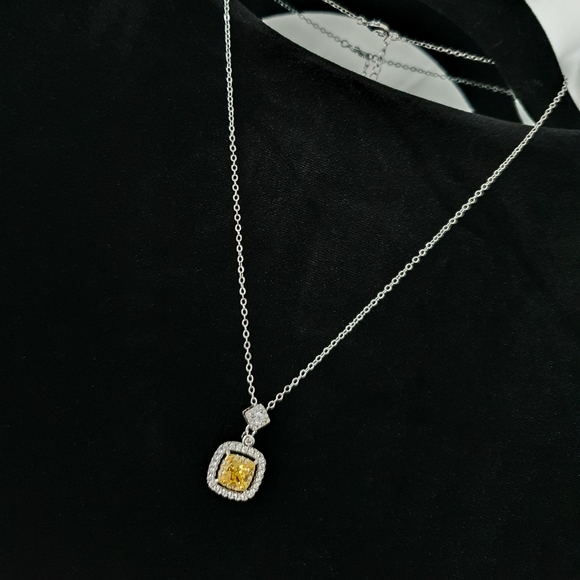 Silver Square Cut Diamond Amber Necklace - Picture 2 of 2